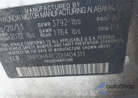 2013 Hyundai Elantra Gls z USA, uszkodzony, nr VIN 5NPDH4AE2DH404311